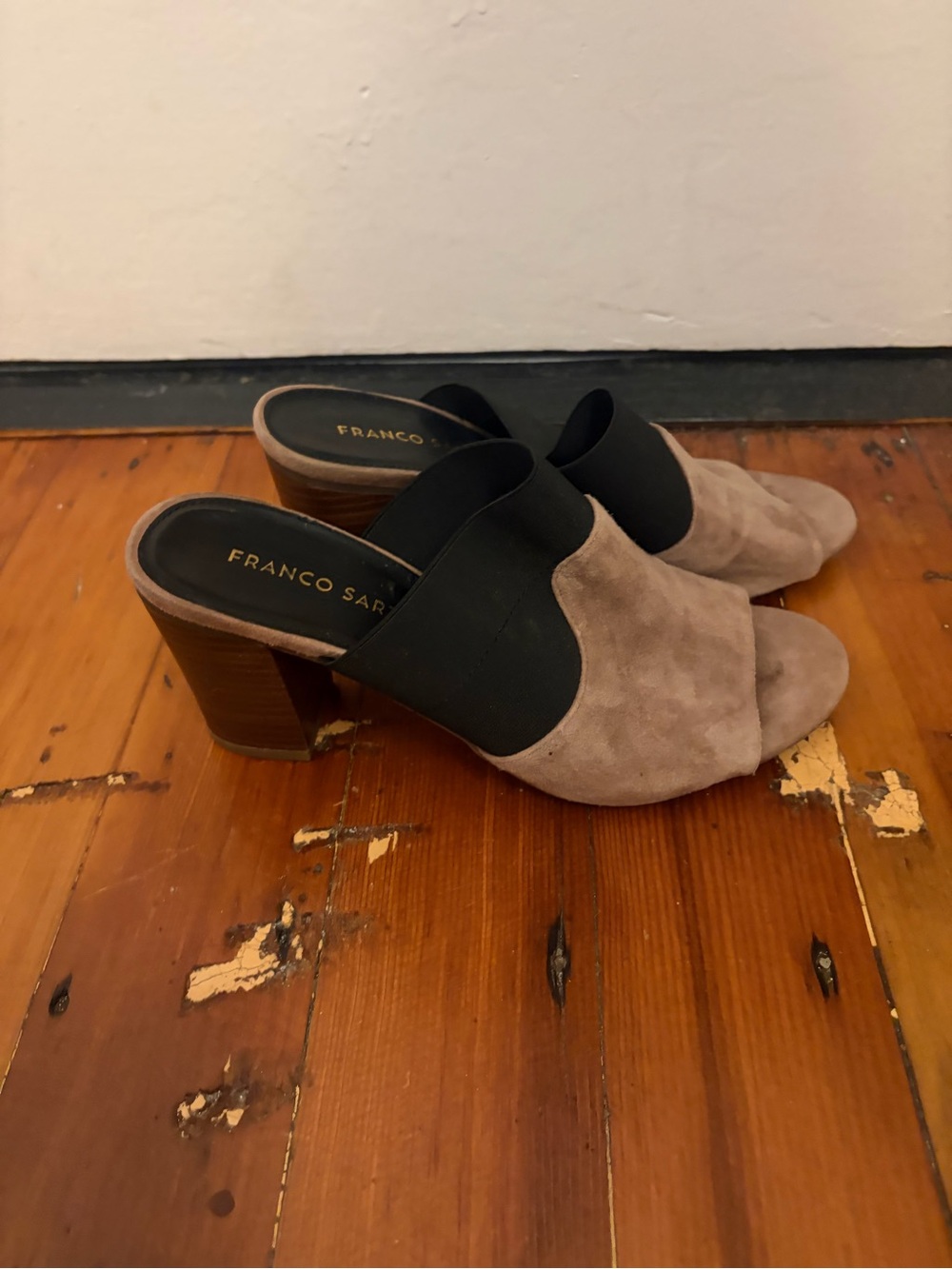 Franco Sarto Taupe Suede Mules with Black Elastic Band